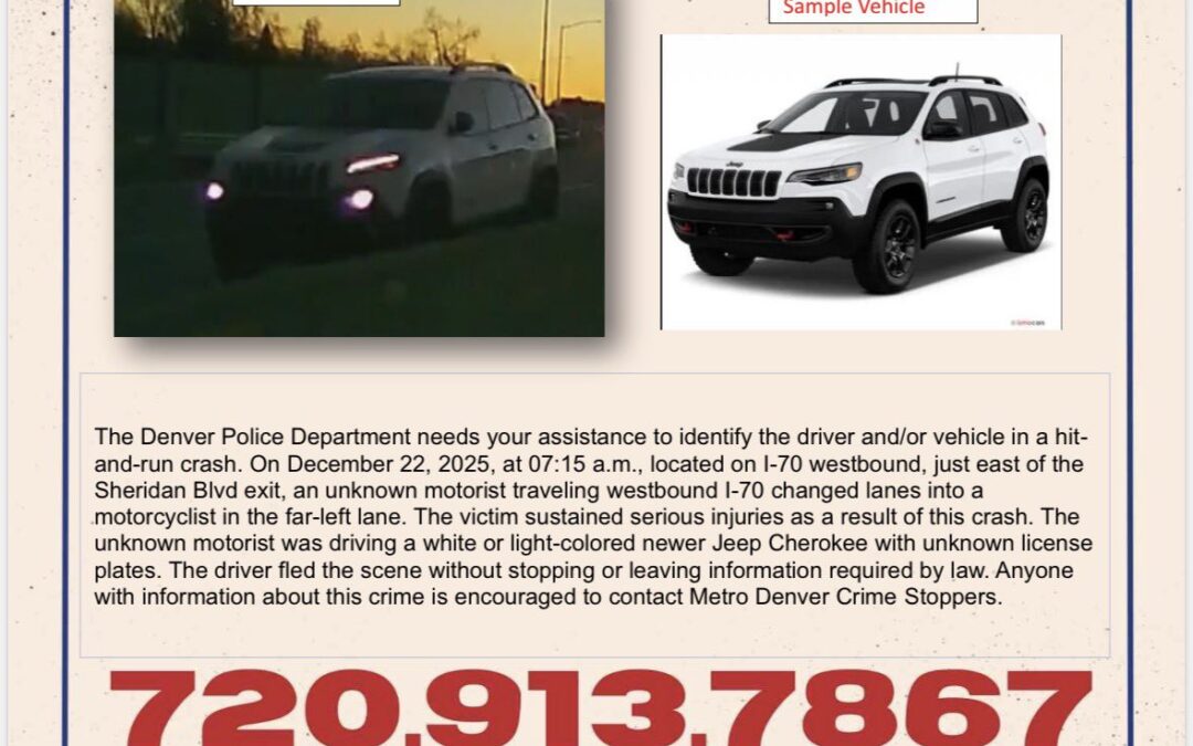 Policía de Denver Busca Jeep Cherokee en Choque con Fuga que Dejó Motociclista Herido en la I-70