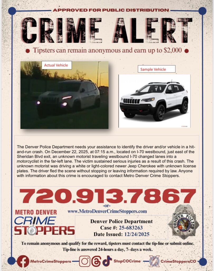 Policía de Denver Busca Jeep Cherokee en Choque con Fuga que Dejó Motociclista Herido en la I-70